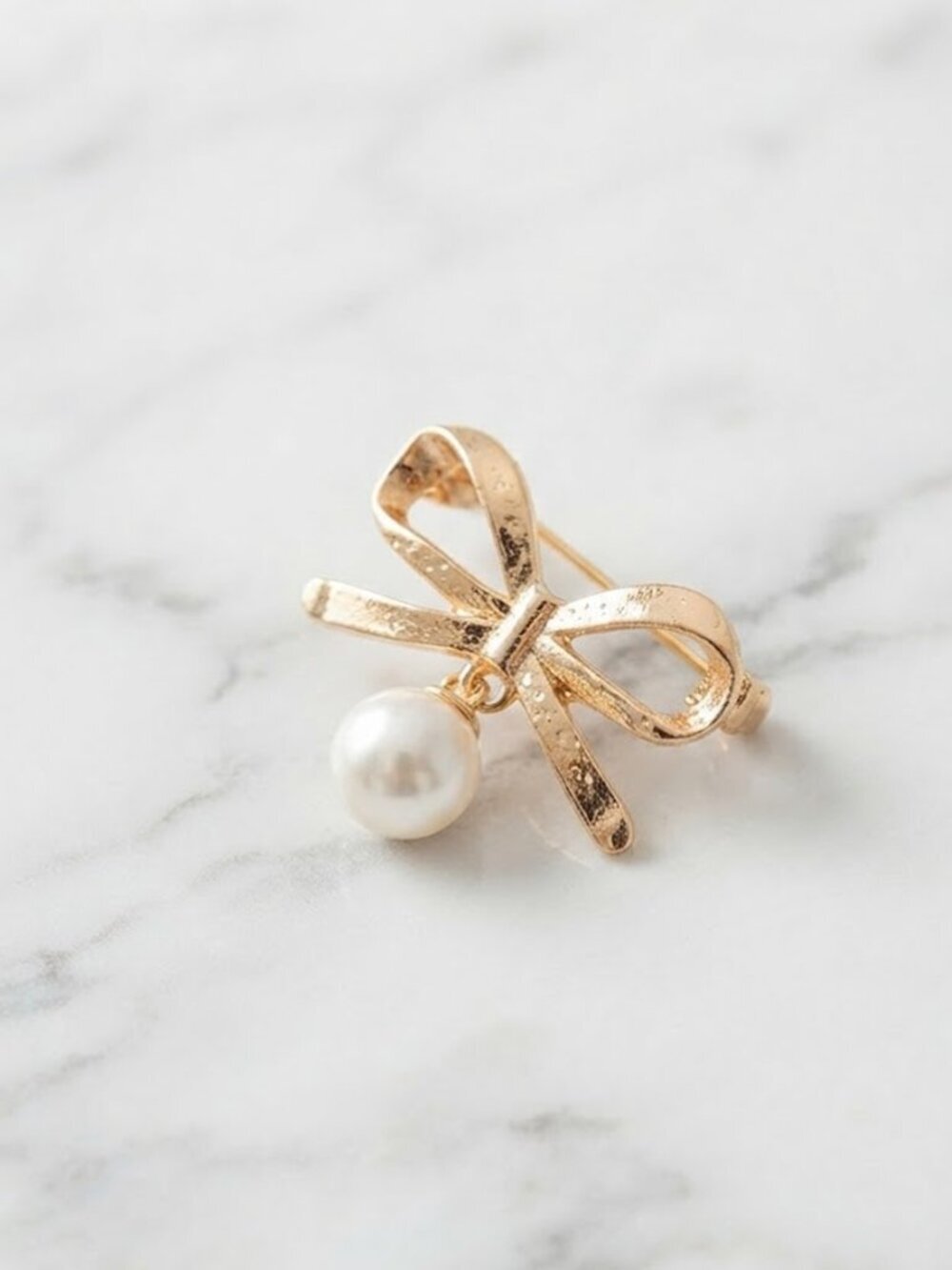 Gold Bow Pearl Drop Clothing Pin Brooch